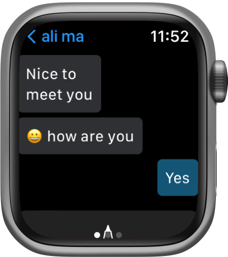 Telegram message list on apple watch, contains text, photo, audio, emoji, video, gif