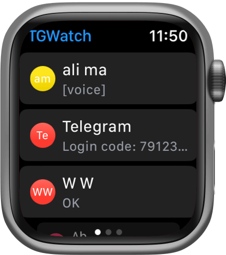 Telegram chat list on apple watch, recent chat list and contact list
